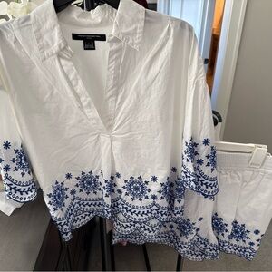 French Connection White Tunic with Blue Embroidered Hem